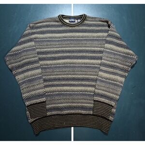 Vintage‎ Fair Isle Sweater Mens Large Beige Striped Knit Thick Grandpa Grunge